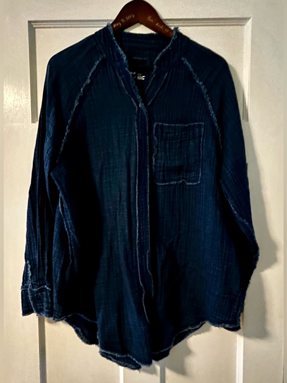 Aerie Blue Frayed Button Up V-Neck Top